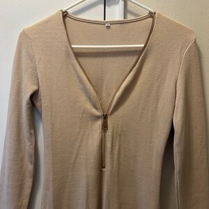 Tan Long Sleeve Zipper Dress